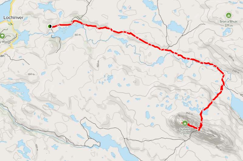 Suilven hike map, Scottish Highlands hiking trails