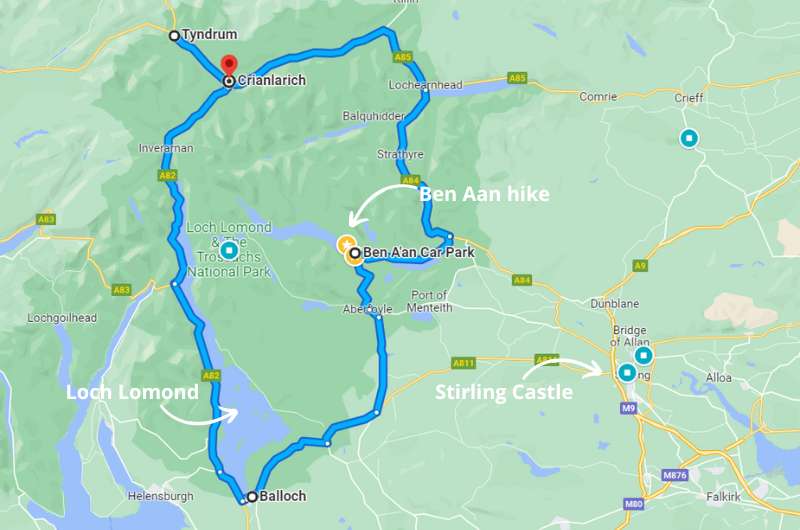 The Trossachs and Loch Lomond National Park drive map