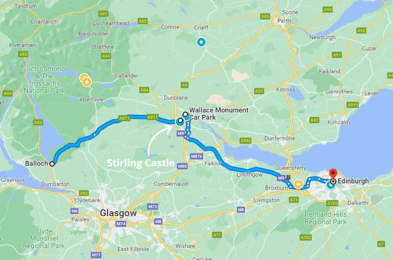Map of the route from Balloch to Edinburgh, Scotland 