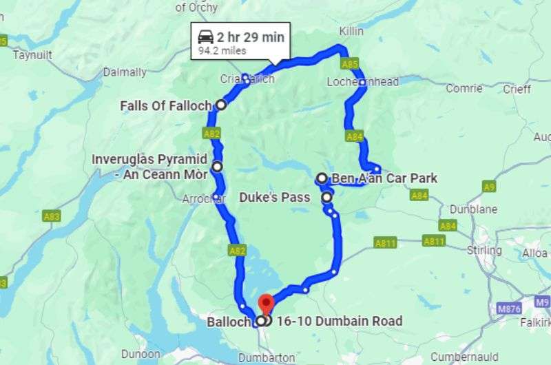 Map of The Trossachs National Park route, Scotland 