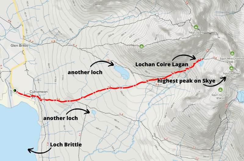Map of hike to Coire Lagan lake in Cuillin on Isle of Skye