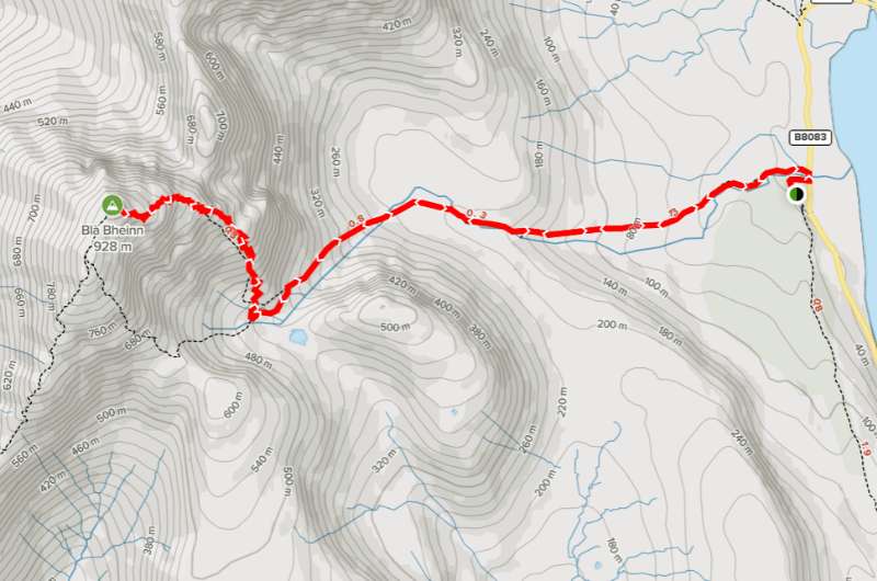 Map of northern approach to Bla Bheinn, Isle of Skye