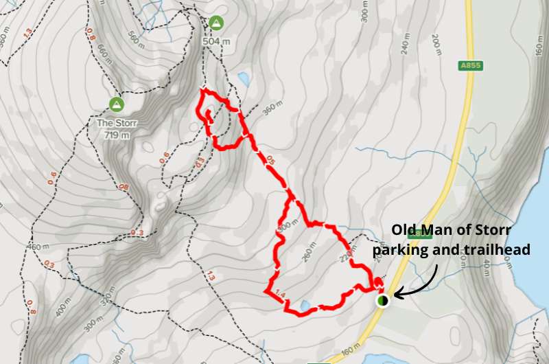 Map of the Old Man Storr hike, Isle of Skye, Scotland