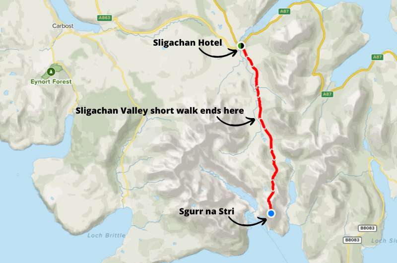 Map showing route of both hikes throu Sligachan Valley in Cuillin Hills, Scotland