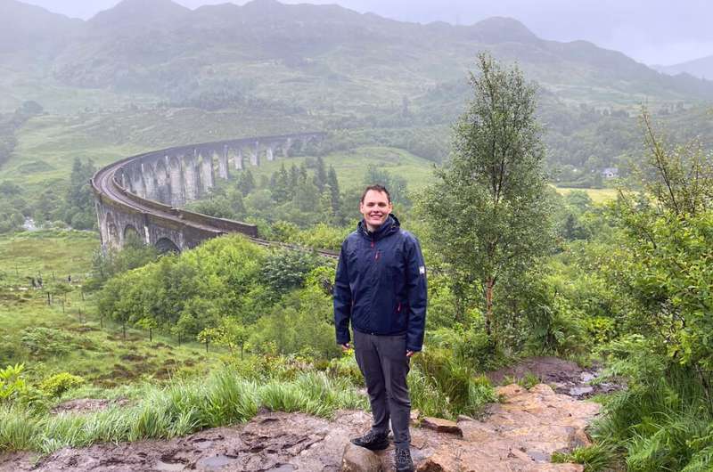 A tourist in front of the Glenfinnan Viaduct