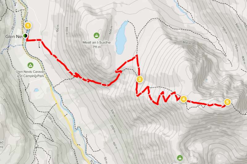 Map of Ben Nevis trail, Scotland