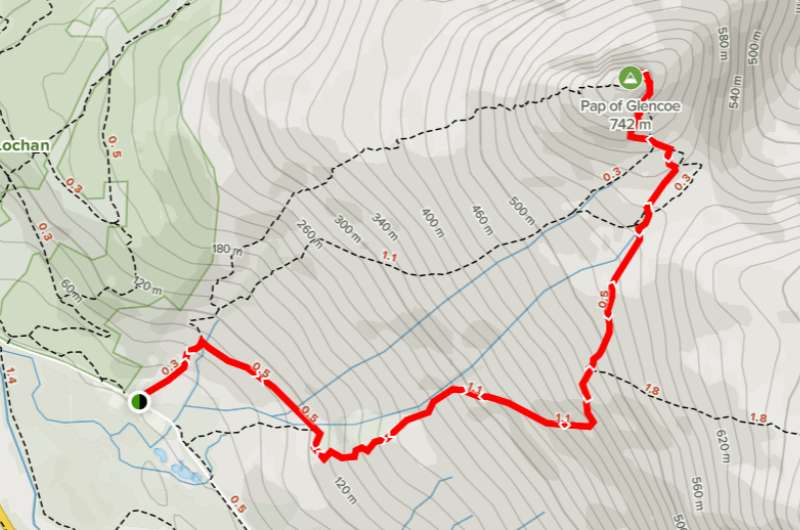 Map of the Pap of Glencoe hike, Scotland
