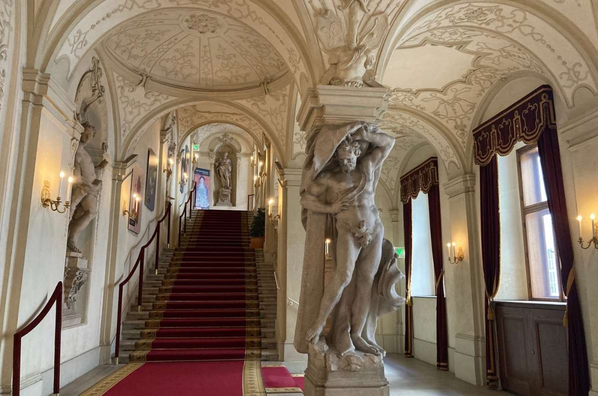 Ornate interior staircase of Karlskirche in Vienna, Austria
