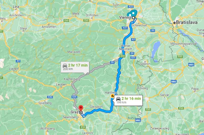 Map of route of day trip to Graz from Vienna