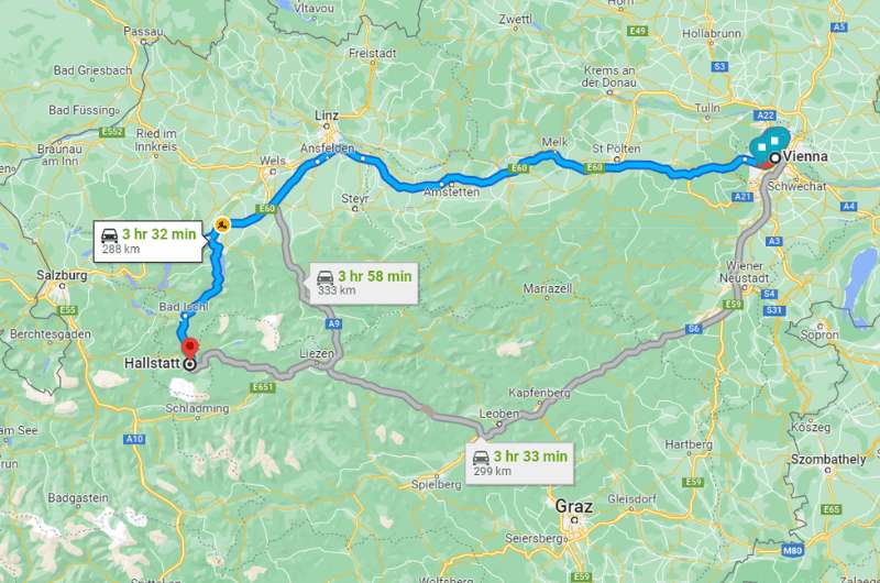 Map of route of day trip to Hallstatt from Vienna