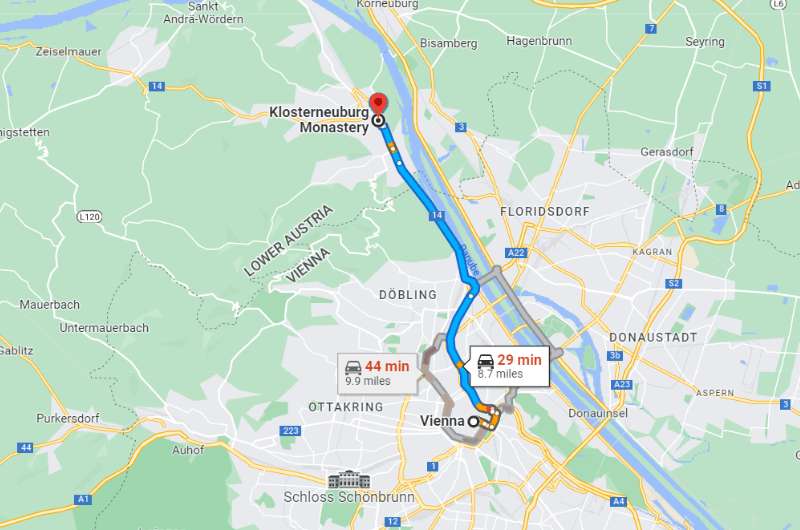 Map of route of day trip to Klosterneuburg Abbey from Vienna