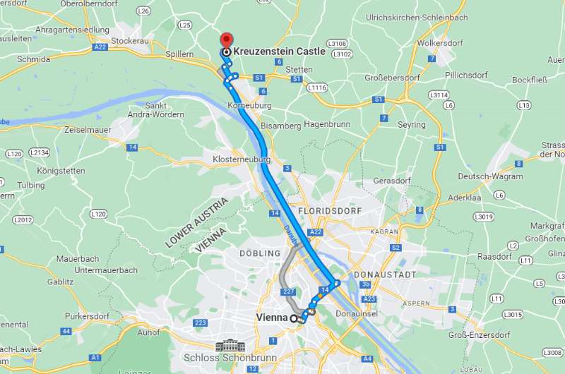 Map of route of day trip to Kreuzenberg Castle from Vienna