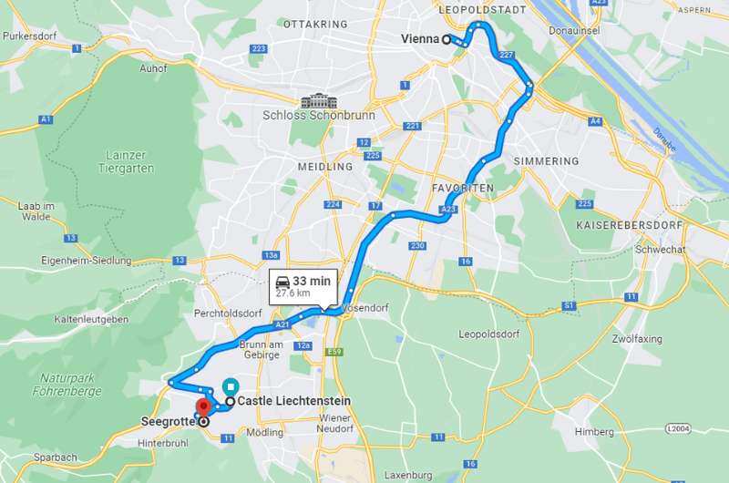 Map of route of day trip to Liechtenstein  Castle and Seegrotte Hinterbrühl  from Vienna