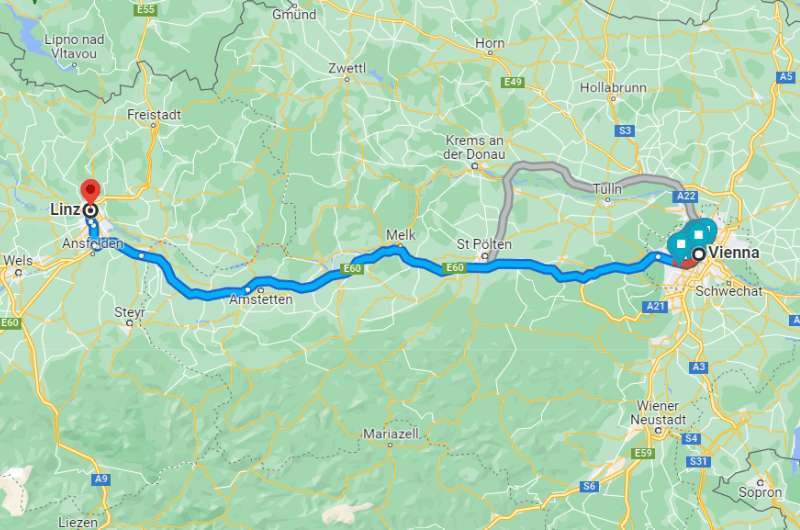 Map of route of day trip to Linz from Vienna