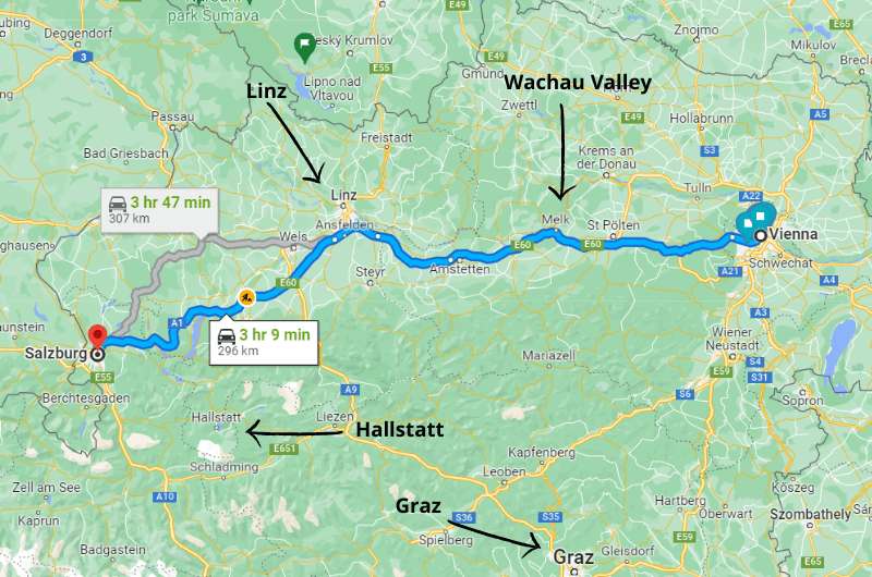 Map of route of day trip to Salzburg from Vienna