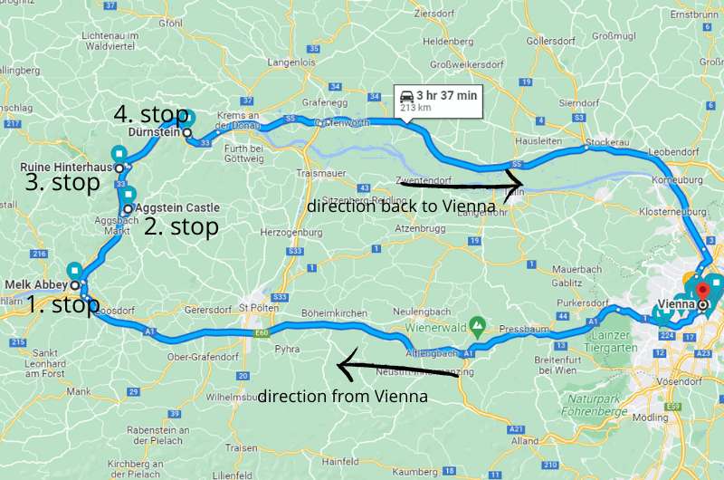 Map of route of day trip to Wachau Valley from Vienna