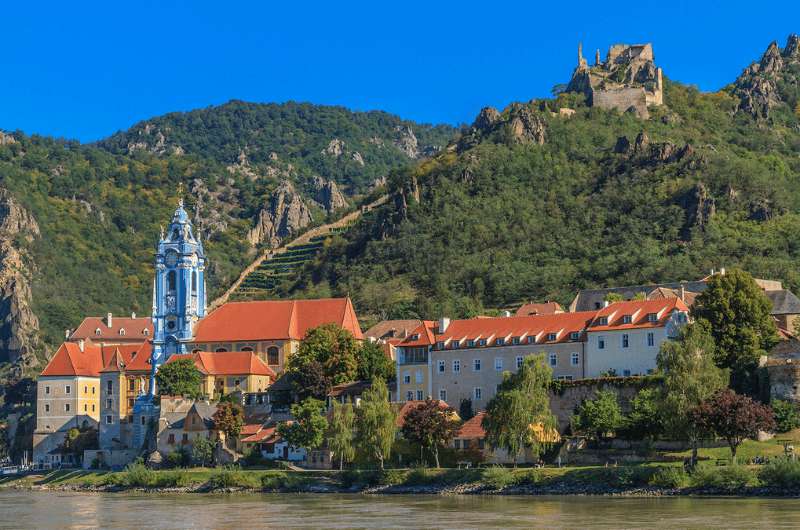 The blue tower and hilltop castle of Dürnstein, Wachau Valley, Austria