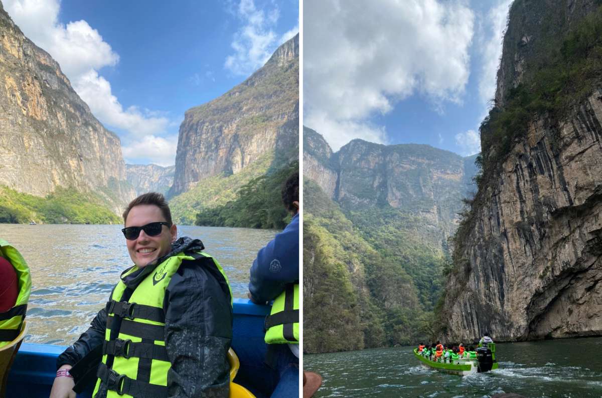 Boat tour through Sumidero Canyon National Park near Tuxtla Gutiérrez, Chiapas, Mexico, with towering canyon cliffs and Grijalva River, photo by Next Level of Travel 