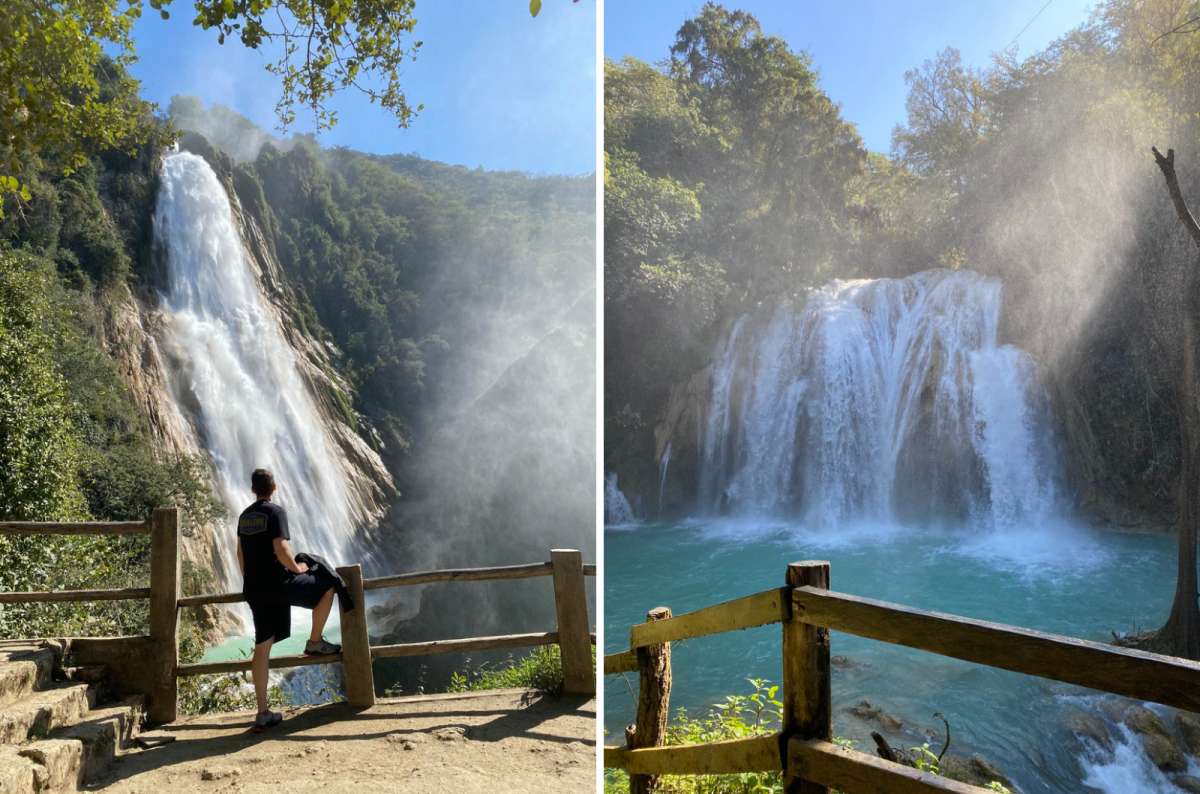 El Chiflón Waterfall (Cascada Velo de Novia) near Tzimol, Chiapas, Mexico, with turquoise pool and viewing platform railing, photo by Next Level of Travel
