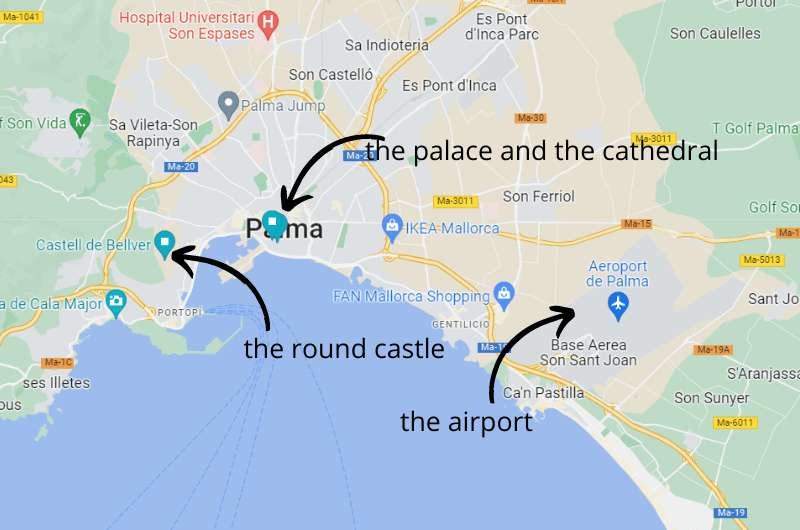 A map showing the places to visit in Palma de Mallorca