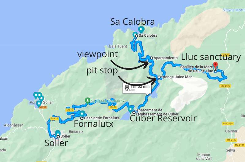 A map showing the route from Soller to Sa Calobra and Lluc