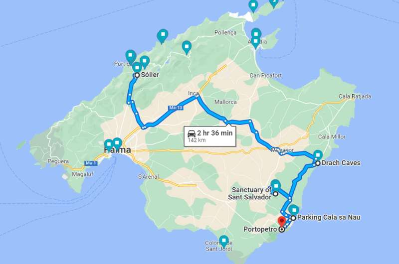 Map showing the route from Soller to Cala d’Or and Portopetro