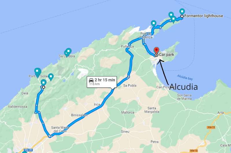 Map showing the route from Soller to Cap Formentor and Alcudia