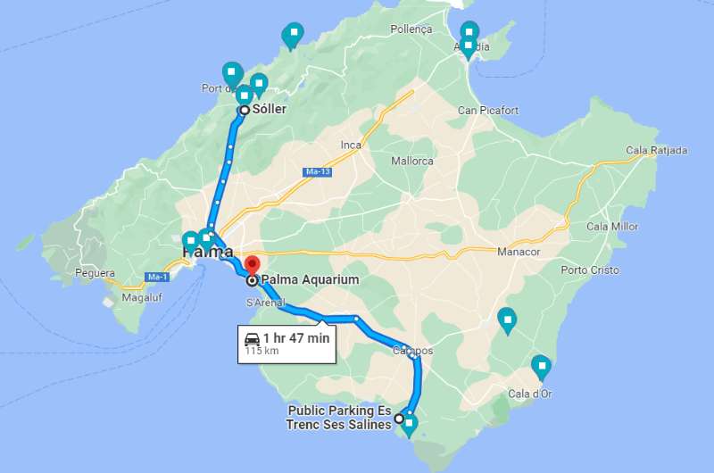 Map showing the route from Soller to Es Trenc and then to Palma 