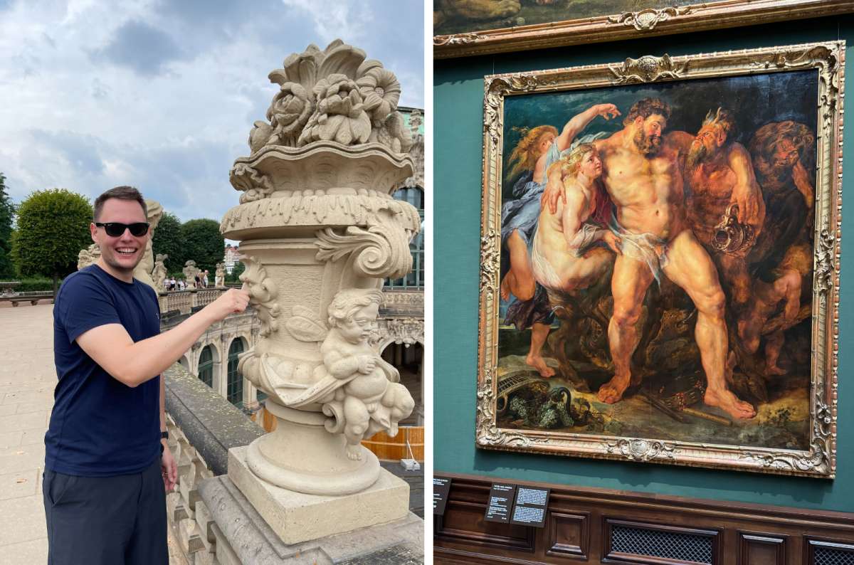 A collage of a man playfully posing by an ornate sculpture at Zwinger Palace and Rubens painting in Dresden gallery, travel in Germany, photo by Next Level of Travel