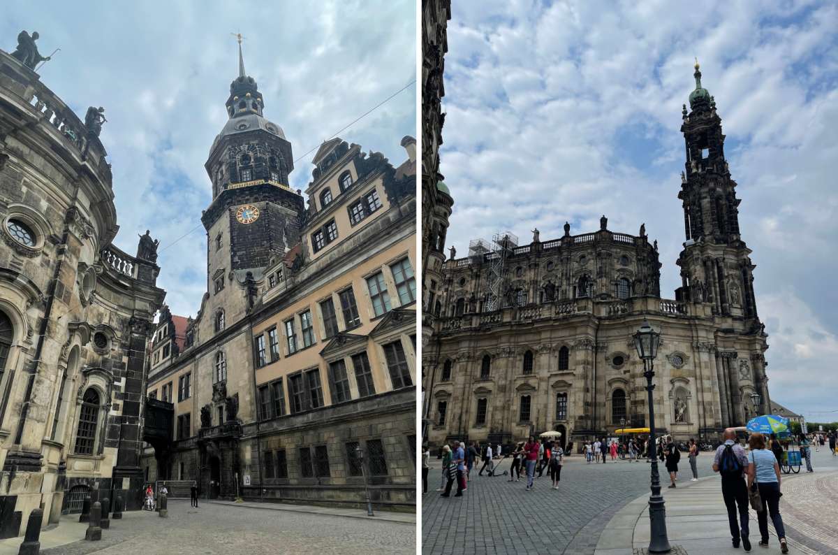 a collage of photos from Fresden city center showing the variety of towers and important buildings located there, Germany, photo by Next Level of Travel