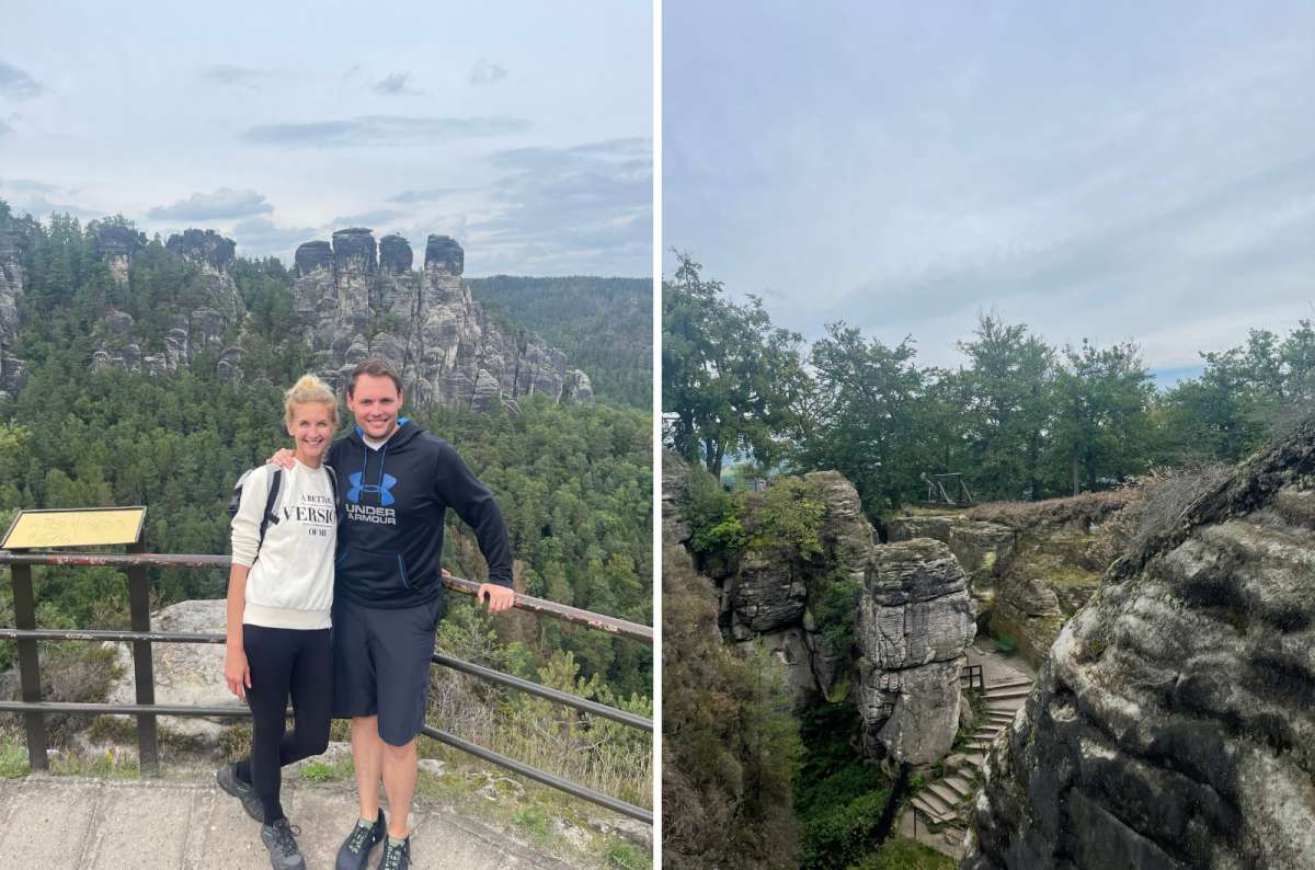 Collage of a couple standing at a viewpoint overlooking the rock towers of the Bastei in Saxon Switzerland. On the right, stone steps near the Bastei Bridge, photo by Next Level of Travel