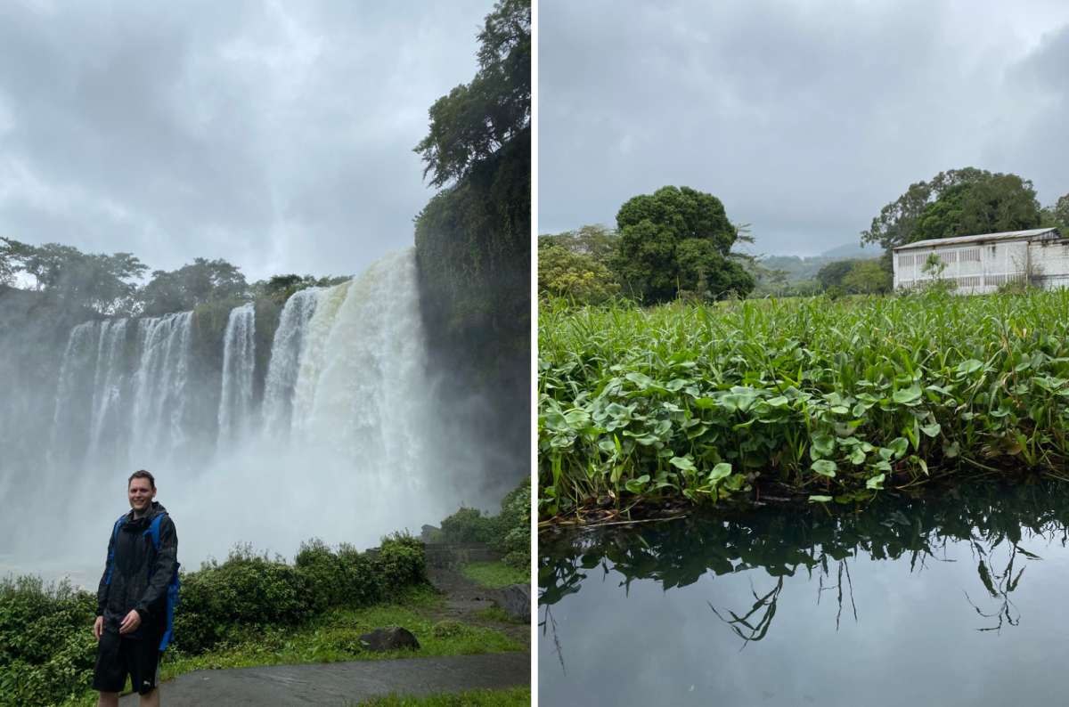 a collage of a tourist in front of the Salto de Eyipantla waterfall on the left and a lagoon covered in water hyacinth on the right, Los Tuxtlas, Veracruz, Mexico, photo by Next Level of Travel