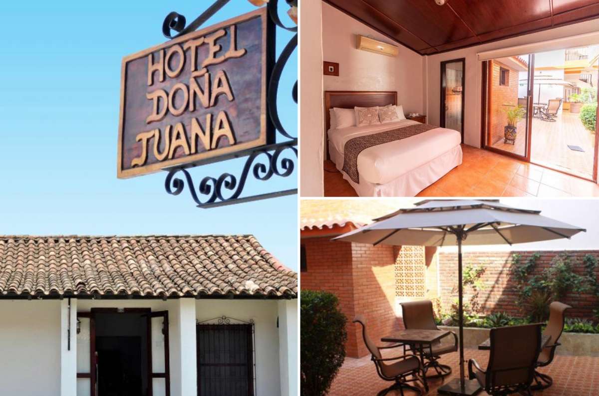 a collage photo of the Hotel Doña Juana sign, a guest room, and a sunny brick patio, Tlacotalpan, Veracruz, Mexico