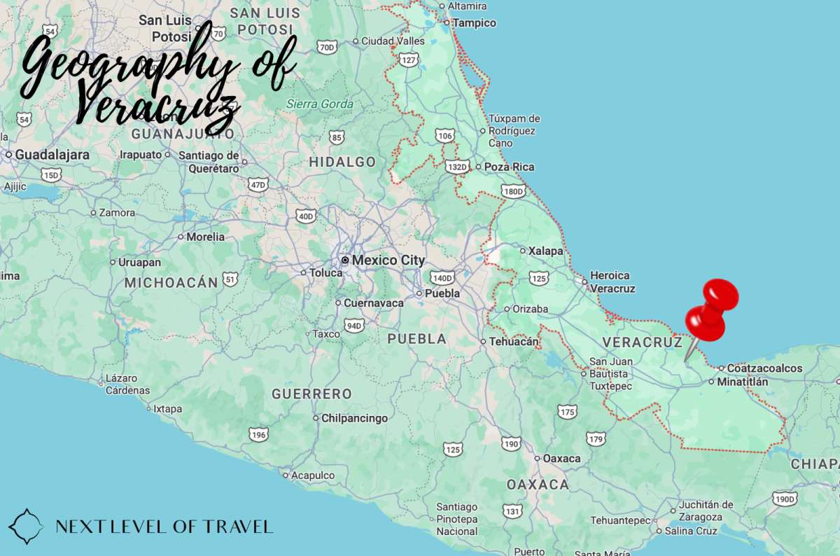 a map of the state of Veracruz on Mexico's Gulf coast marked with a pin, graphic by Next Level of Travel