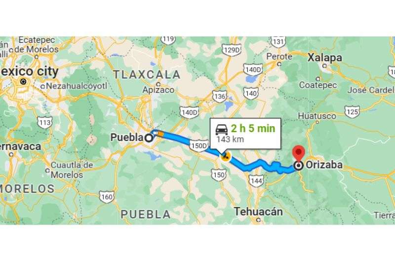 Map of the route from Puebla to Orizaba