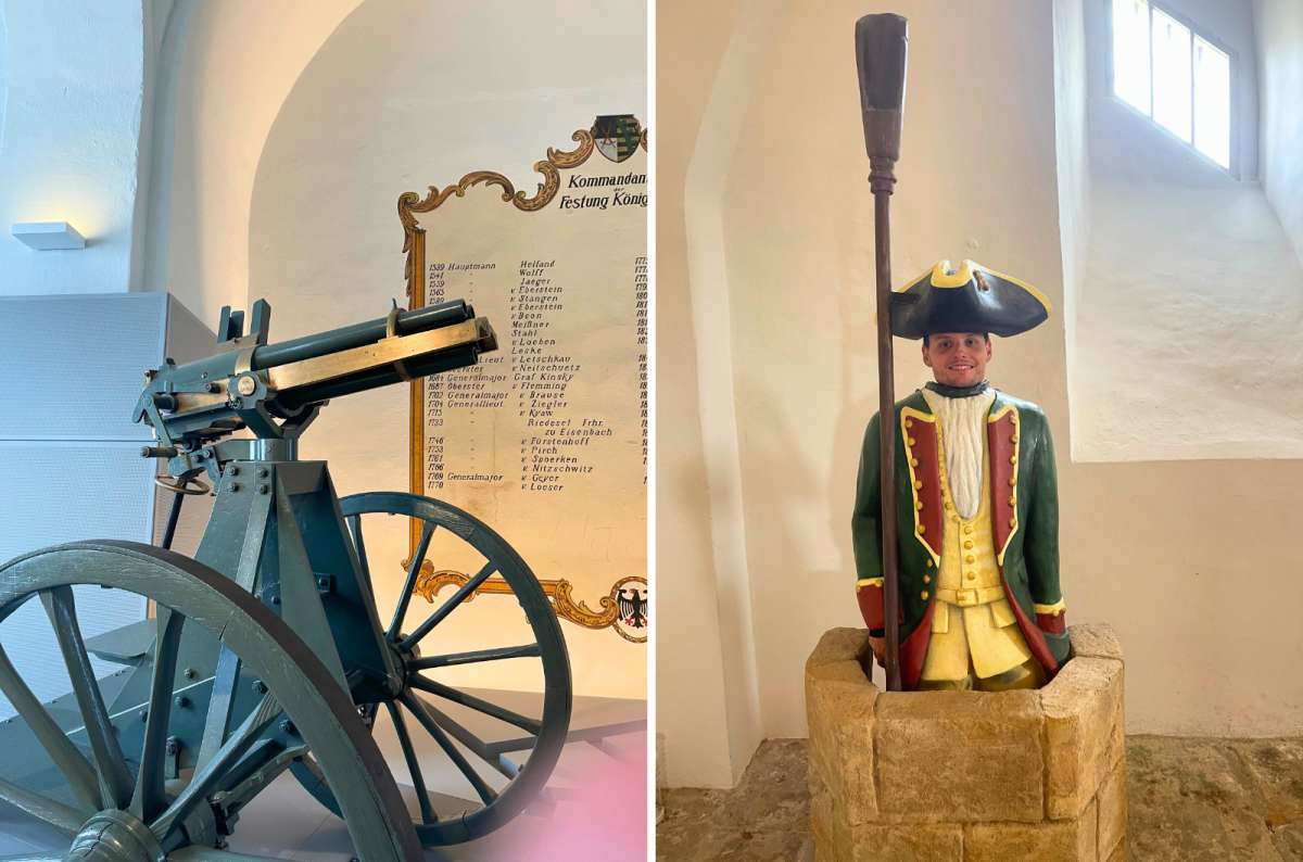 A collage of two photos from the inside of the Königstein Fortress, a historic mounted cannon and a tourist playfully poses with his head through a cut-out figure of a historic guard, photo by Next Level of Travel