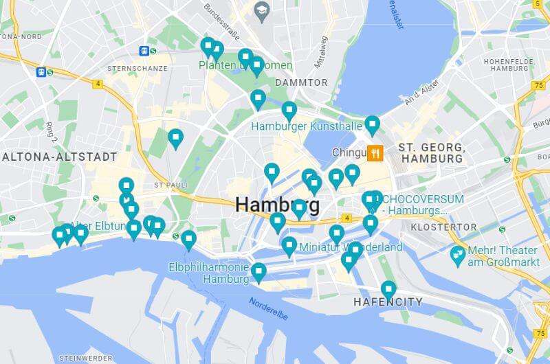 Map showing all the Hamburg highlights on this 3-day itinerary