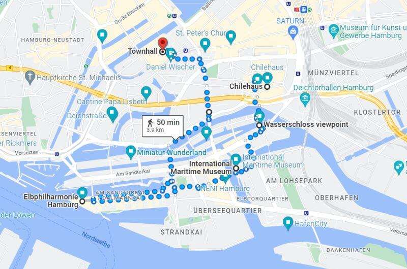 Map showing the walking route of day 1 on Hamburg 3 day itinerary