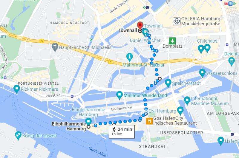 Route from Elbphilharmonie to Rathaus map, itinerary Hamburg