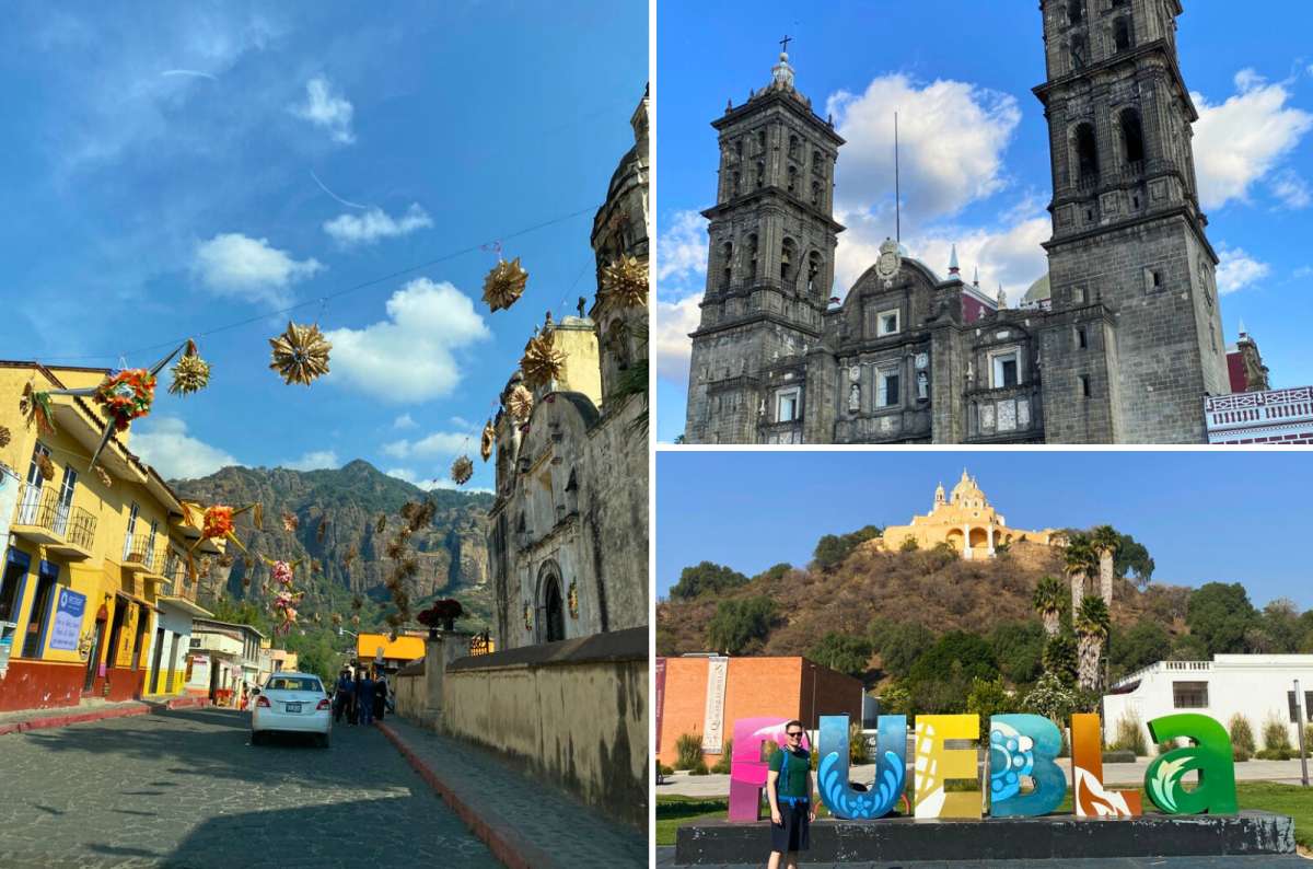 Street in Tepoztlán, Puebla Cathedral in Puebla City, and Santuario de los Remedios in Cholula, Mexico, colonial landmarks in central Mexico, photo by Next Level of Travel