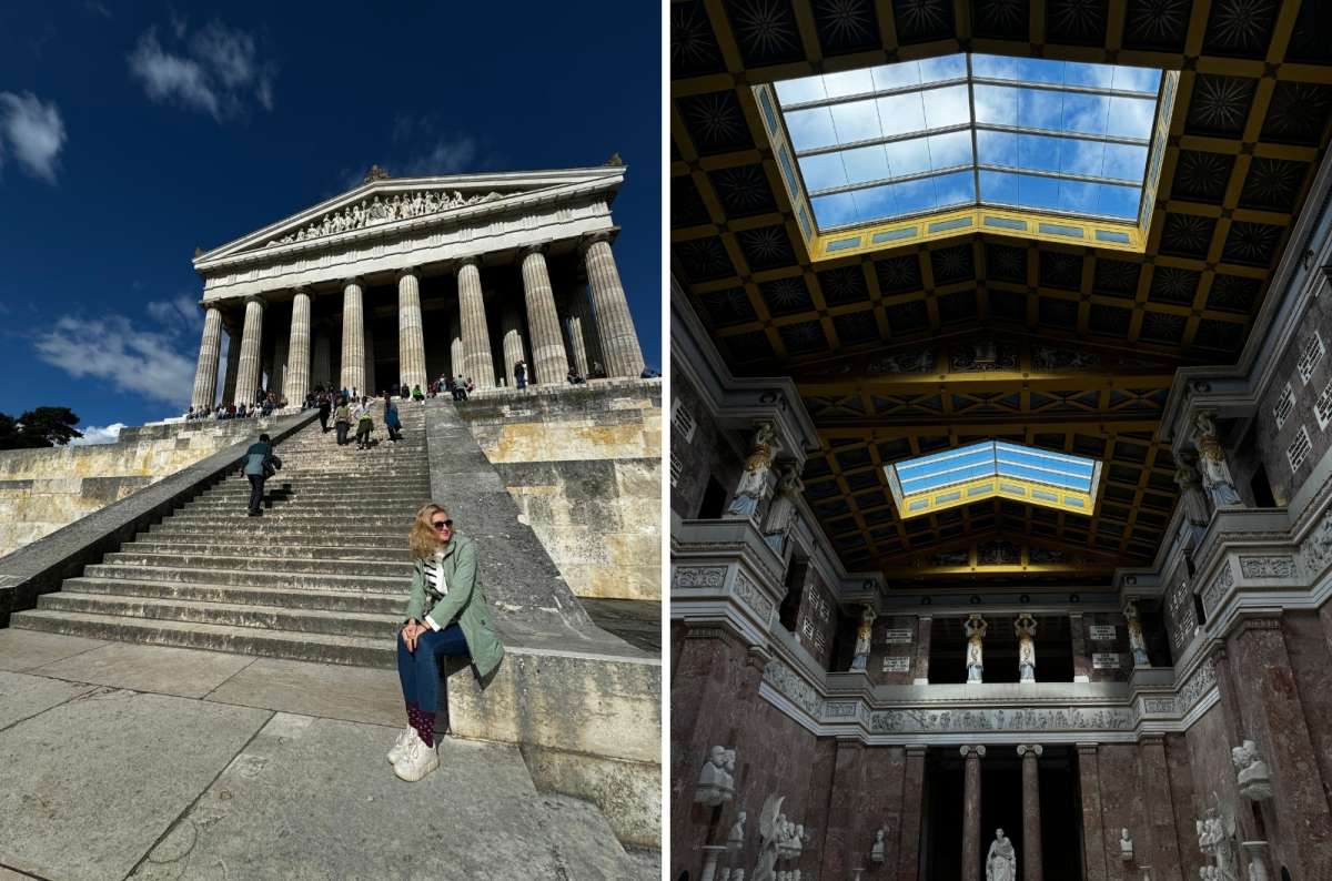 A photo posing in front of the Regensburg Vallhala and a photo from the interior, photo by Next Level of Travel