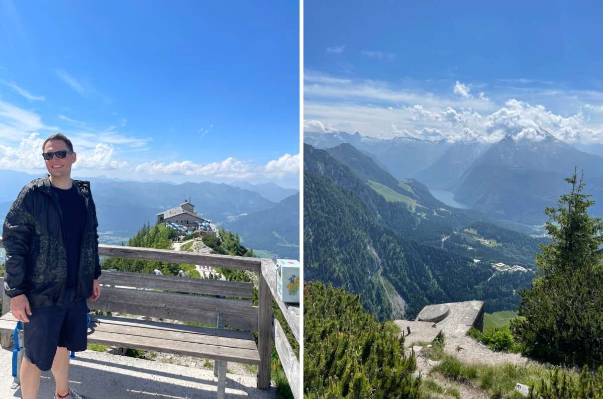 A tourist at Eagle’s Nest with mountains visible in the background, photo by Next Level of Travel