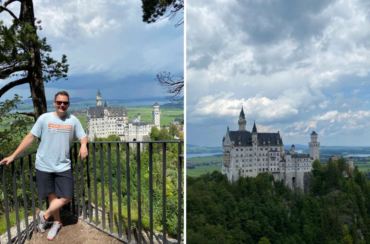 A tourist with the Neuschwanstein castle in the background and a photo of the castle itself, photo by Next Level of Travel