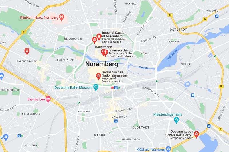 Map of Day 1 Bavaria Itinerary in Nuremberg