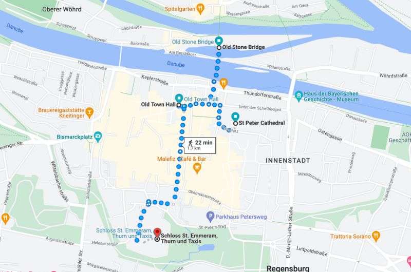 Map of Regensburg day itinerary