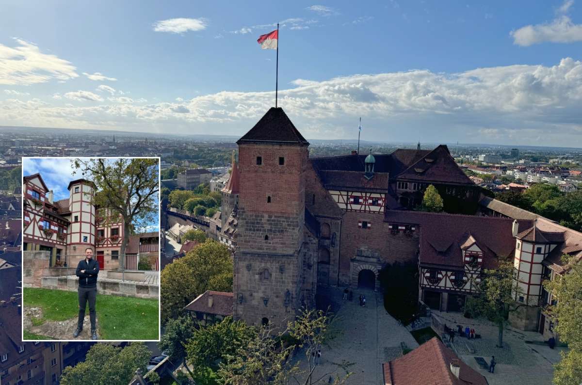 Photos of the Nuremberg castle with a smaller photo of a tourist posing in front, Germany, photo by Next Level of Travel