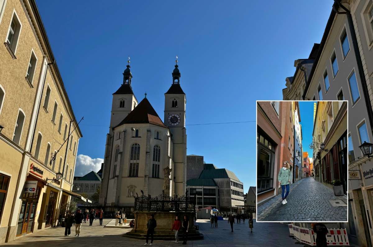 Pictures of the Regensburg city center and a woman posing in the narrow city street, Germany, photo by Next Level of Travel