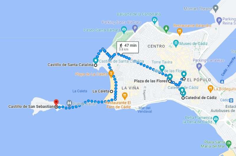 Map of day 8 on Southern Spain itinerary: Cadiz