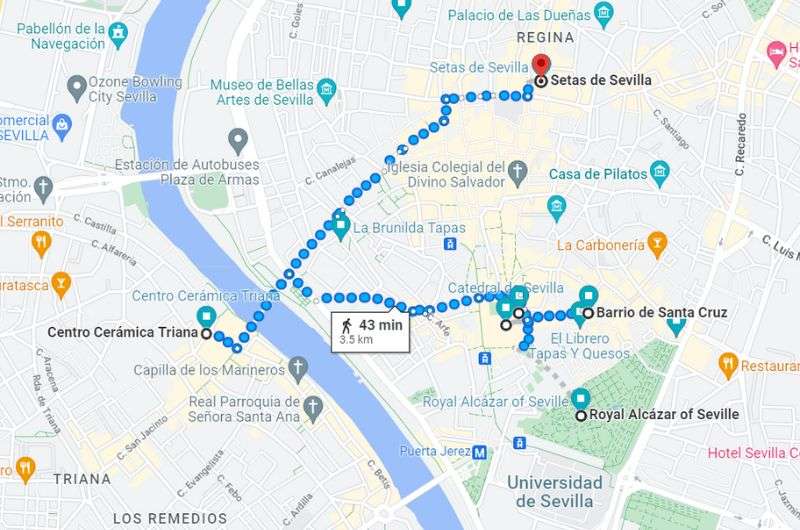 Map of day 9 on Southern Spain itinerary: Sevilla