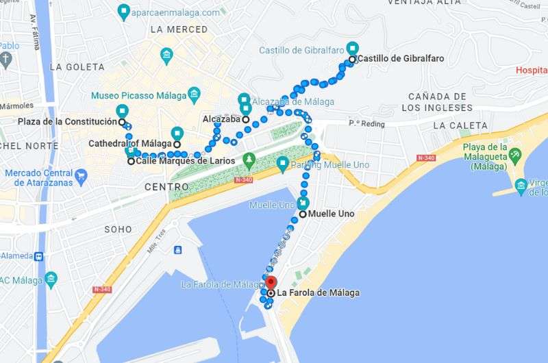 Map of route of day 1 on Southern Spain itinerary: Malaga 